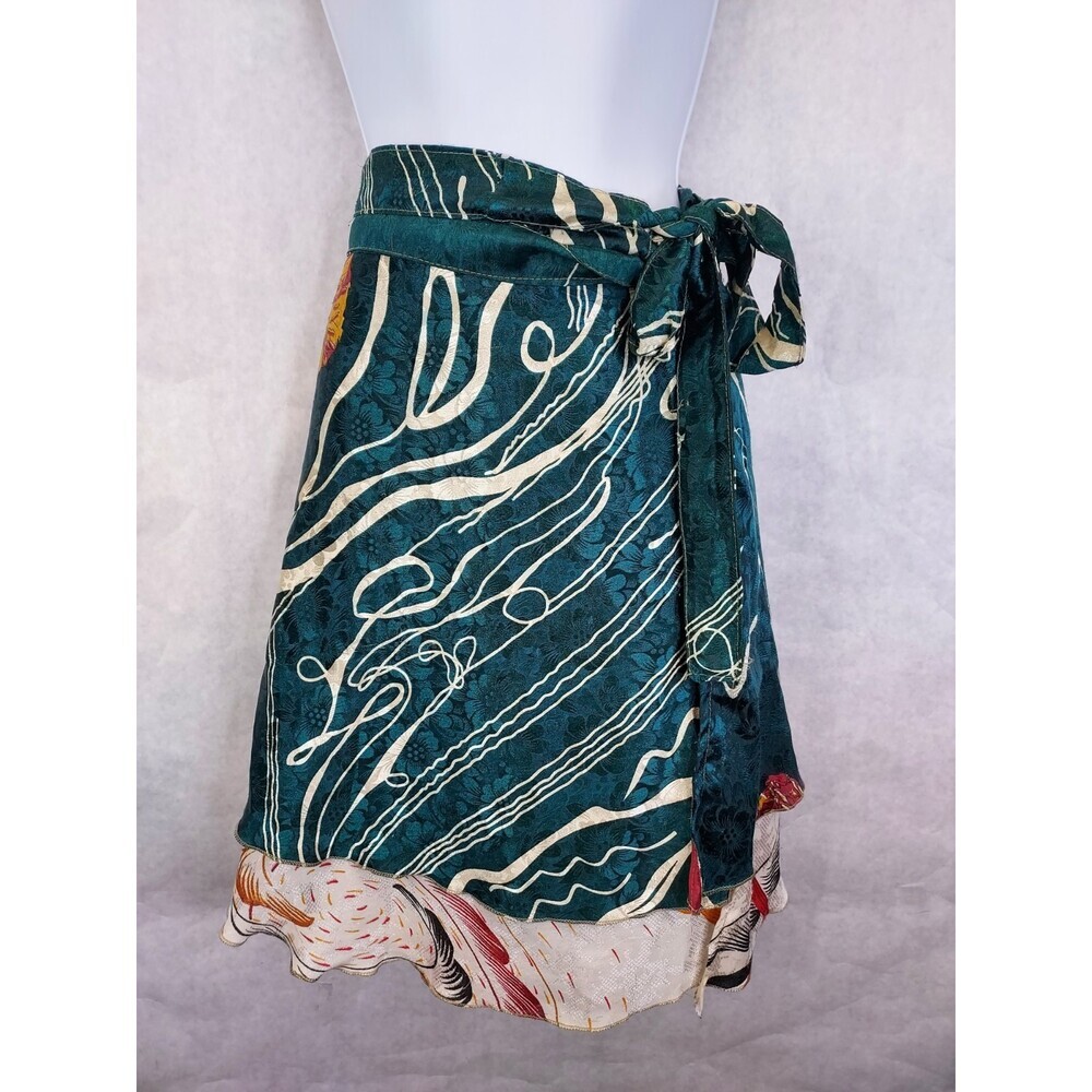 Darn Good Yarn Reversible Wrap Mini Skirt Womens 4-12 Green Boho Floral Festival